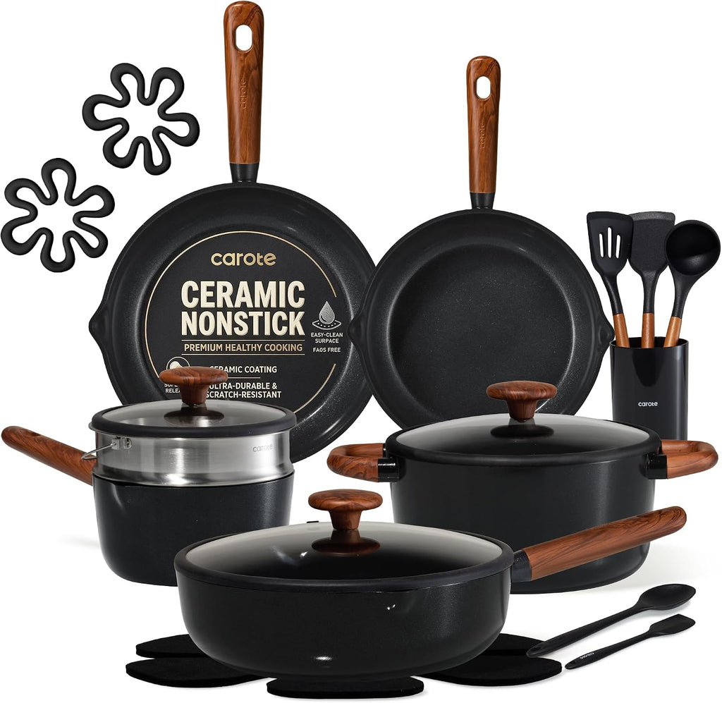 CAROTE 21pcs Cookware Set Nonstick Pots and Pans Set, Ceramic Cookware Set Induction Cookware, Non toxic Healthy Non Stick Kitchen Cooking Set, PFAS PTFE Free, Black
