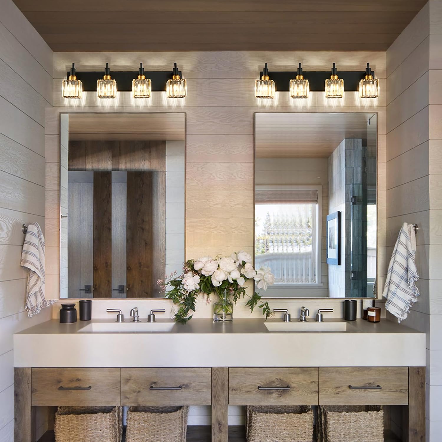 Gold Black Crystal Bathroom Lighting Fixtures, 4 Light Brass Modern Crystal Bathroom Vanity Lights Over Mirror Brass Bath Light