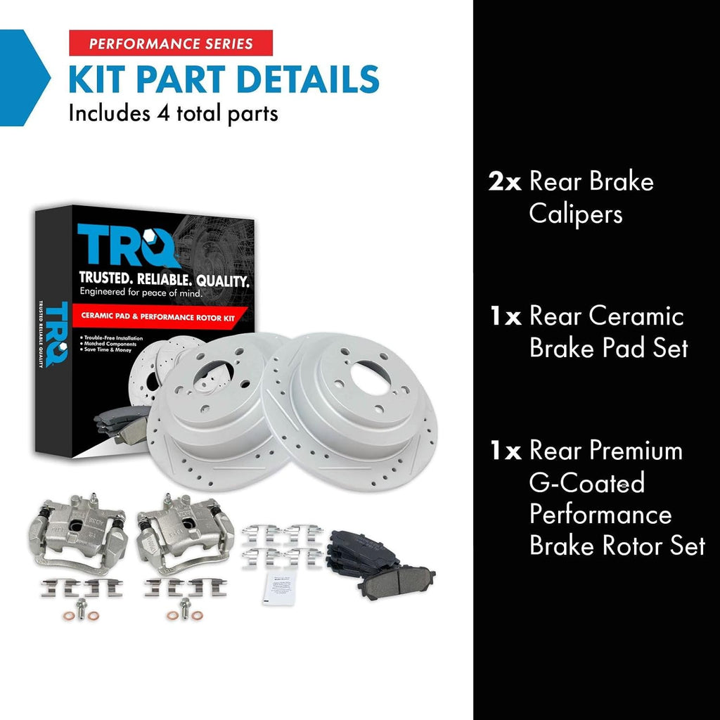 TRQ Performance Rear Brake Pad and Rotor Set Ceramic G Coated Slotted Drilled Rotors Calipers Compatible with 2005-2006 Saab 9-2X 2004-2008 Subaru Forester 2004-2007 Impreza