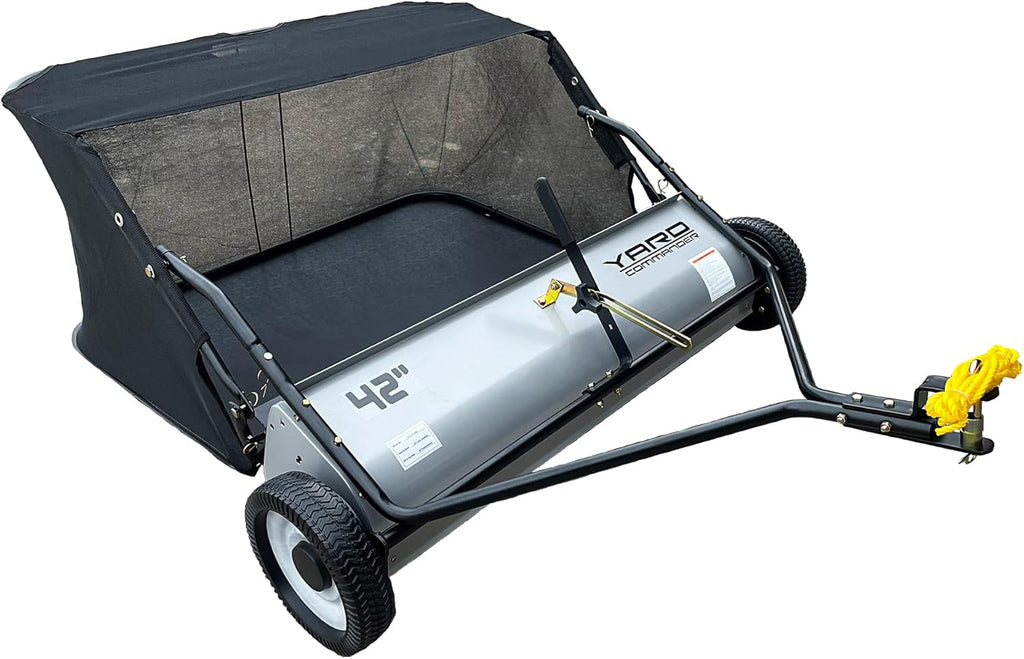 Yard Commander - 42-Inch Tow-Behind Lawn Sweeper, 10' Nylon Brushes, Universal Tractor/ATV Hitch, Never-Flat Wheels, Adjustable Height, 1-Year Warranty, Ideal for Leaves, Grass & Debris