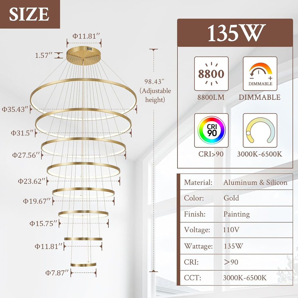 Modern LED Chandelier 8 Rings Dimmable Gold High Ceiling Chandelier Foyer, Large LED Contemporary Pendant Lighting for Staircase Entryway Living Room, D35in 3000K-6500K