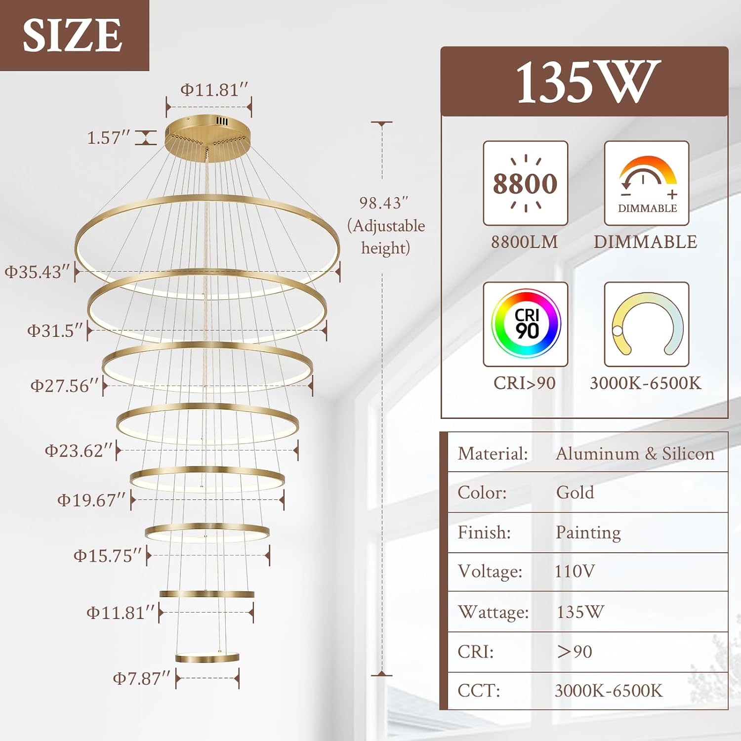 Modern LED Chandelier 8 Rings Dimmable Gold High Ceiling Chandelier Foyer, Large LED Contemporary Pendant Lighting for Staircase Entryway Living Room, D35in 3000K-6500K
