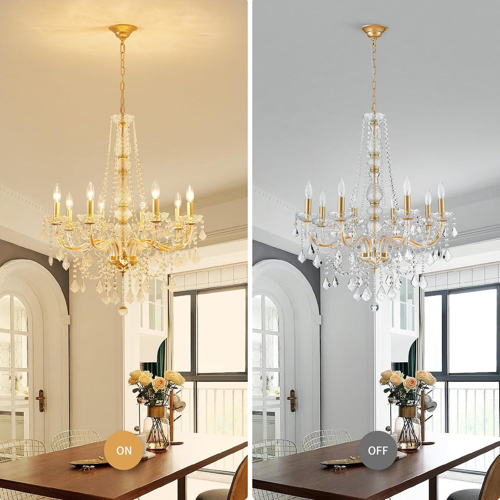 WUZUPS 8-Light Crystal Candle Chandelier Pendant Ceiling Light Modern Lighting Fixture for Bedroom Hallway Bar Kitchen Bathroom, H 35.4' W 27.6', E12 Base, Gold