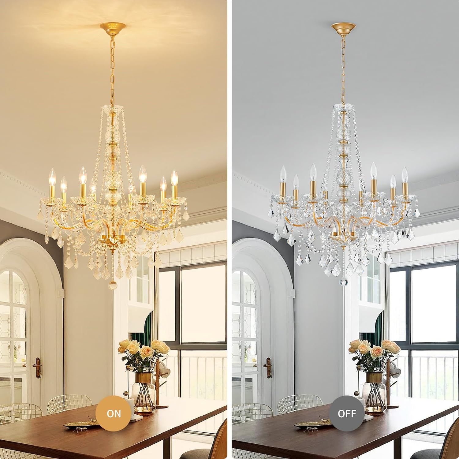 WUZUPS 8-Light Crystal Candle Chandelier Pendant Ceiling Light Modern Lighting Fixture for Bedroom Hallway Bar Kitchen Bathroom, H 35.4' W 27.6', E12 Base, Gold