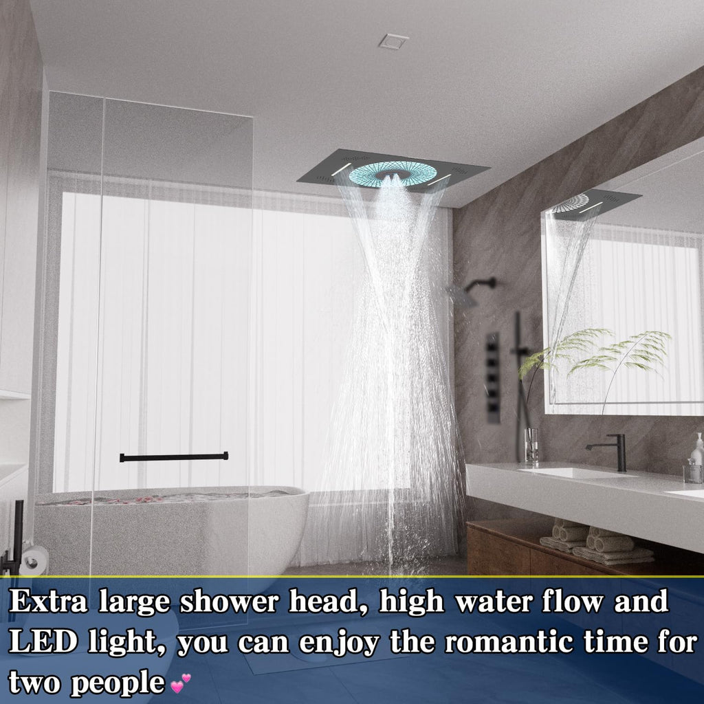 24x16 inch LED Shower head, 2 Function Stainless Steel Rectangle Waterfall And Mist Ceiling Mount Shower Head, 600 * 405mm Spray Waterfall Shower Head with Remote Control, Matte Black