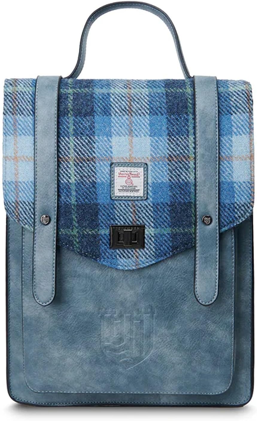 Islander Carloway Backpack for Men & Women, With Laptop Sleeve, Harris Tweed Vegan Leather (Blue Tartan)
