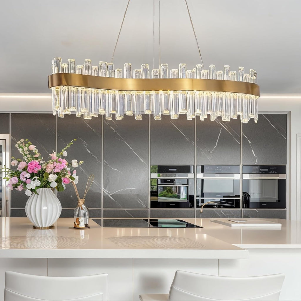 Siljoy Modern Gold Crystal Chandelier, Luxury 2-Tiers K9 Crystal Raindrop Chandelier, Dimmable Color-Changing Linear Crystal Pendant Ceiling Light for Living Dining Room Kitchen Island L47''