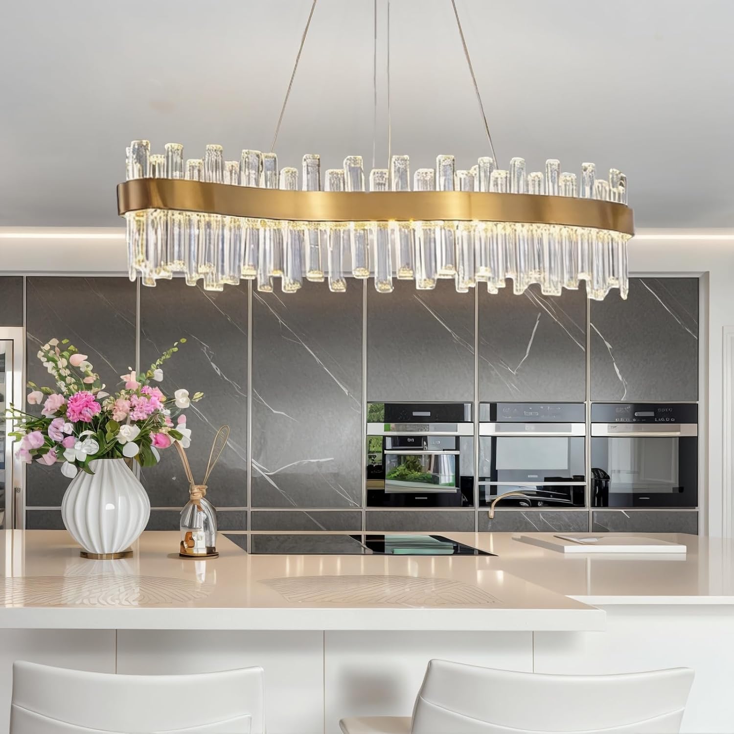 Siljoy Modern Gold Crystal Chandelier, Luxury 2-Tiers K9 Crystal Raindrop Chandelier, Dimmable Color-Changing Linear Crystal Pendant Ceiling Light for Living Dining Room Kitchen Island L47''
