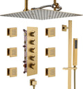 MONDAWE 16 Inch Thermostatic Shower System in Brushed Gold, Ceiling Mounted Rain and Mist Shower Head with Handheld Spray and 6 Body Jets, High Pressure Bathroom Shower Faucet Set, Solid Brass Valve