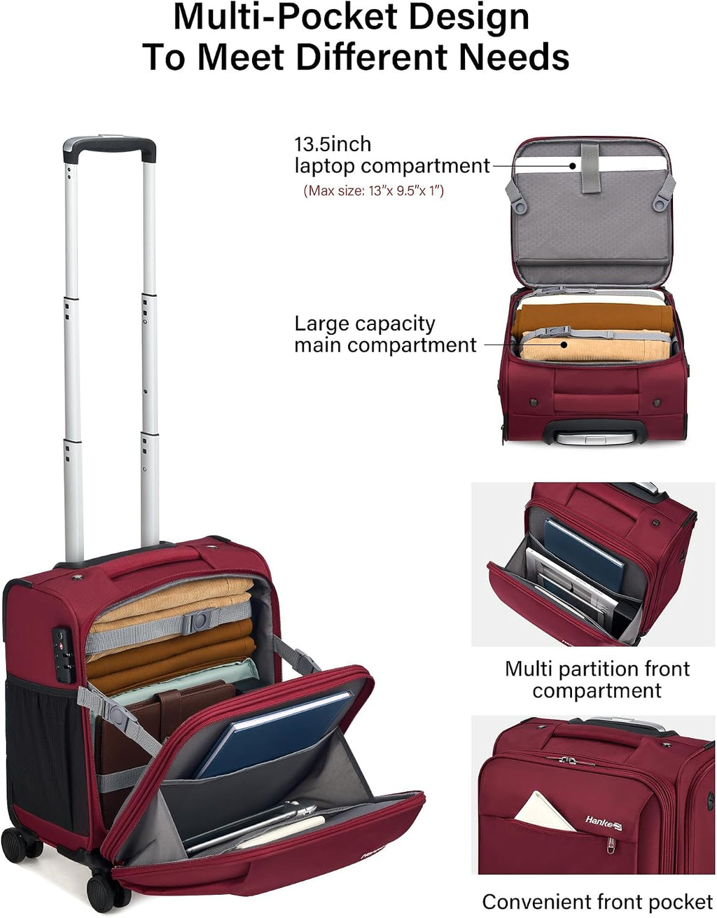 Hanke 16 Inch Underseat Carry On Luggage with Wheels Small Suitcase Softside Luggage Bags for Travel Lightweight Suitcases with Wheels Travel Luggage Personal Item for Men and Women(Burgundy)