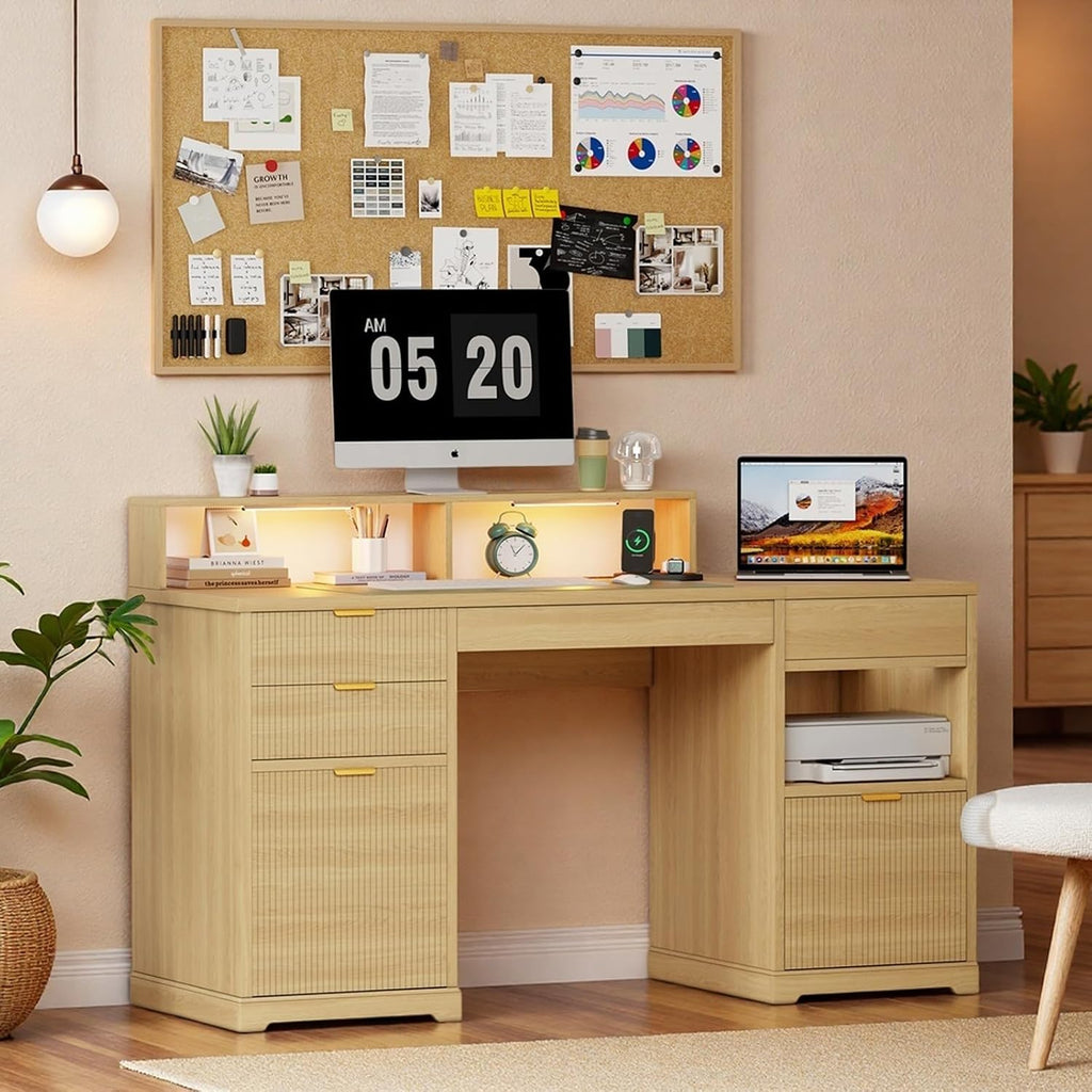 Fluted Desk with Drawers, 63' Home Office Executive Desk with Lift Top, Filing Cabinet, Gaming Desk Charging Station, Sensor Lights, Computer Table with Monitor Stand, Natural Wood