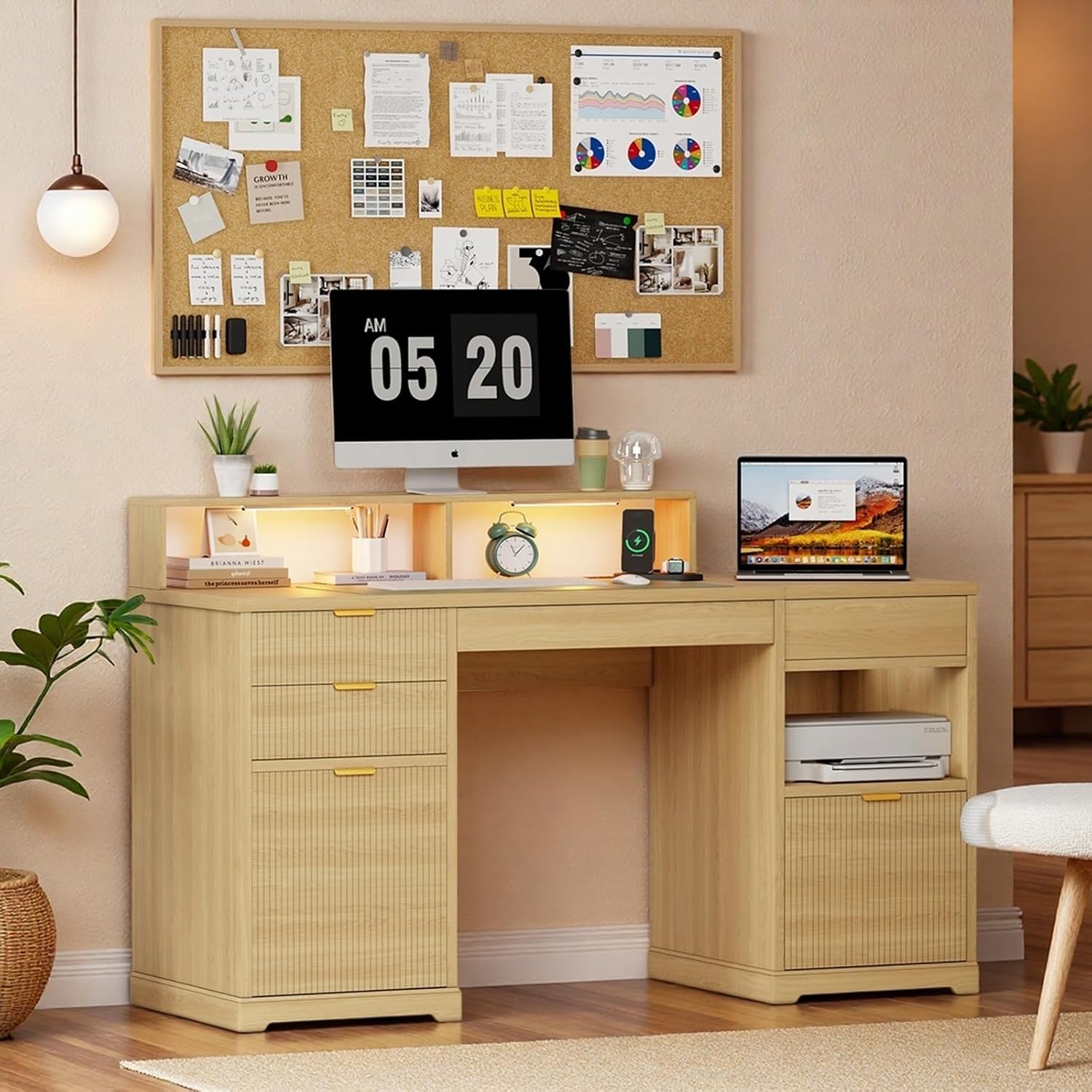 Fluted Desk with Drawers, 63' Home Office Executive Desk with Lift Top, Filing Cabinet, Gaming Desk Charging Station, Sensor Lights, Computer Table with Monitor Stand, Natural Wood