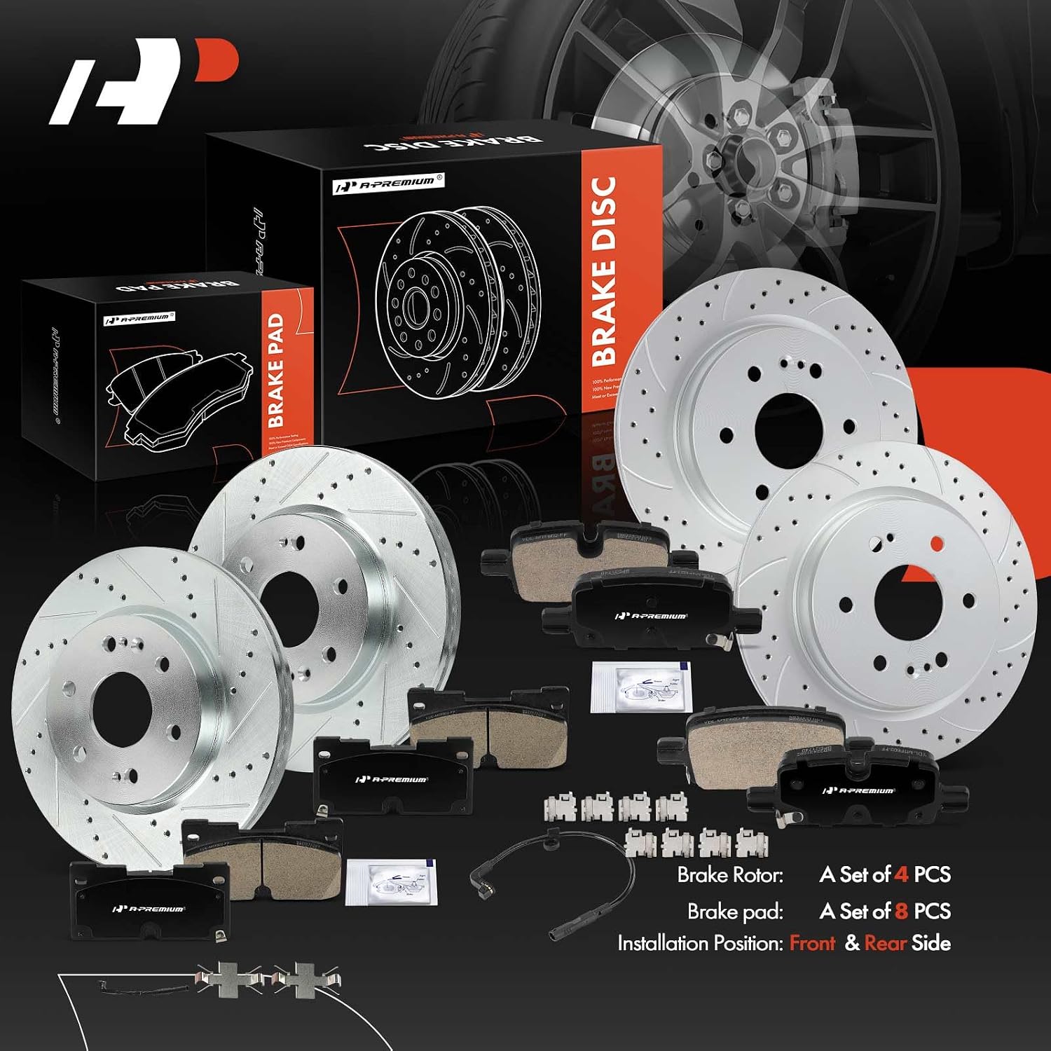 A-Premium Front and Rear Drilled and Slotted Disc Brake Rotors + Ceramic Pads Kit Compatible with Select Chevy, GMC & Cadillac Models - Silverado 1500, Tahoe, Sierra 1500, Yukon, Escalade, 12-PC Set