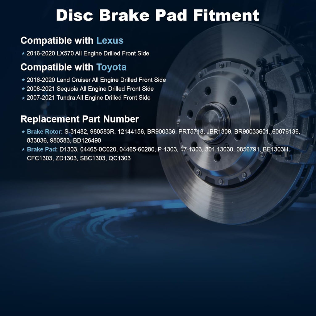 Front Drilled and Slotted Disc Brake Rotors & Ceramic Brake Pads Kit Fit for Lexus 2016-2020 LX570; for Toyota 2016-2020 Land Cruiser, 2008-2021 Sequoia, 2007-2021 Tundra #31482 D1303