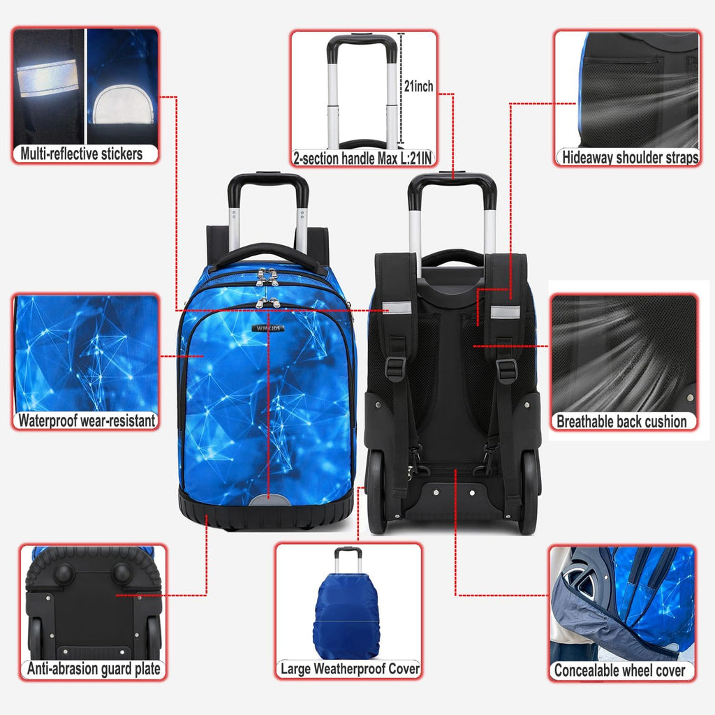 Rolling Backpack, 55L (14.5gal) Backpack with Wheels for Business, Waterproof Backpacks with Dual Handles and Silent Large Wheels, Carry on Backpack with Laptop Compartment (Blue,22 inch)