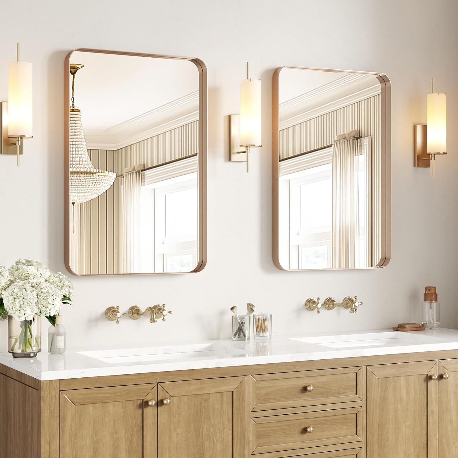 USHOWER Gold Bathroom Mirrors 24'x36' 2 Pack, Brushed Champagne Gold Rectangle Mirrors for Over Sink, Aluminum Frame, Anti-Rust, Tempered Glass, Horizontal or Vertical Mounted