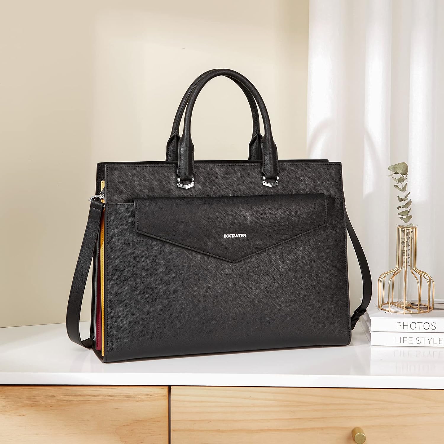 BOSTANTEN Briefcase for Women Laptop Tote 15.6 Inch Genuine Leather Handbag Work Bag Beige