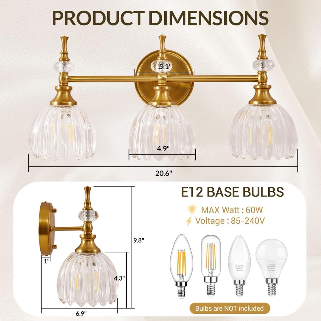 ANDY STAR 3-Light Brushed Gold Bathroom Vanity Light, Transitional Sconce | Ribbed Glass & Crystal Accent, Damp-Resistant, Heat-Resistant E12 Base, Reversible Up/Down Mounting
