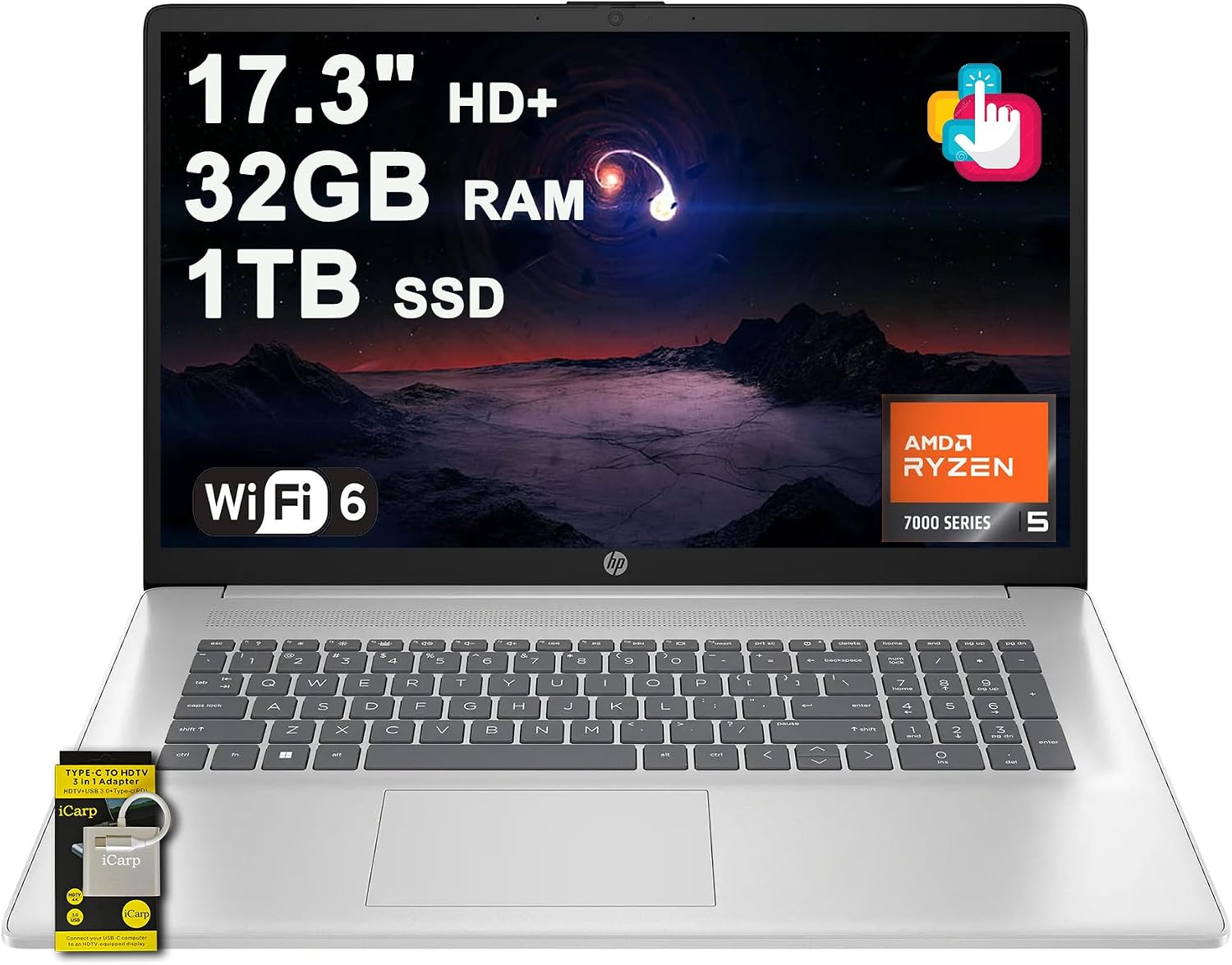 HP 17 Business Laptop 17.3' HD+ Touchscreen AMD 6-core Ryzen 5 7430U (Beats i7-1255U) 32GB RAM 1TB SSD USB-C Fast Charge Long-Lasting Battery Win11 ICP Hub