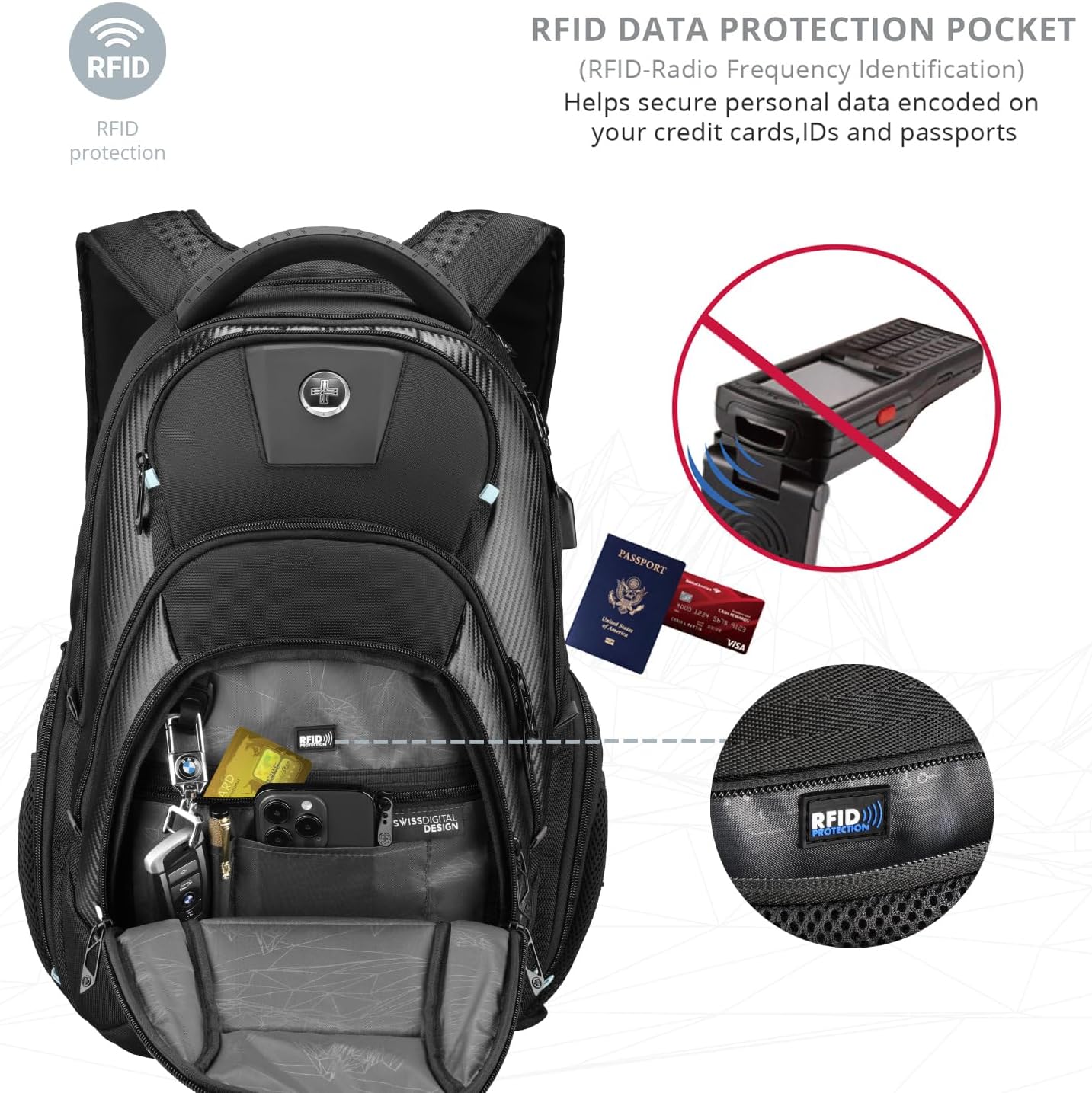 Swissdigital Design Men's 17 Inch Laptop Backpack with Apple Find My Network and USB Charging Port, Large Capacity Business Travel Backpack for College and Business Black | SD1643FB-01