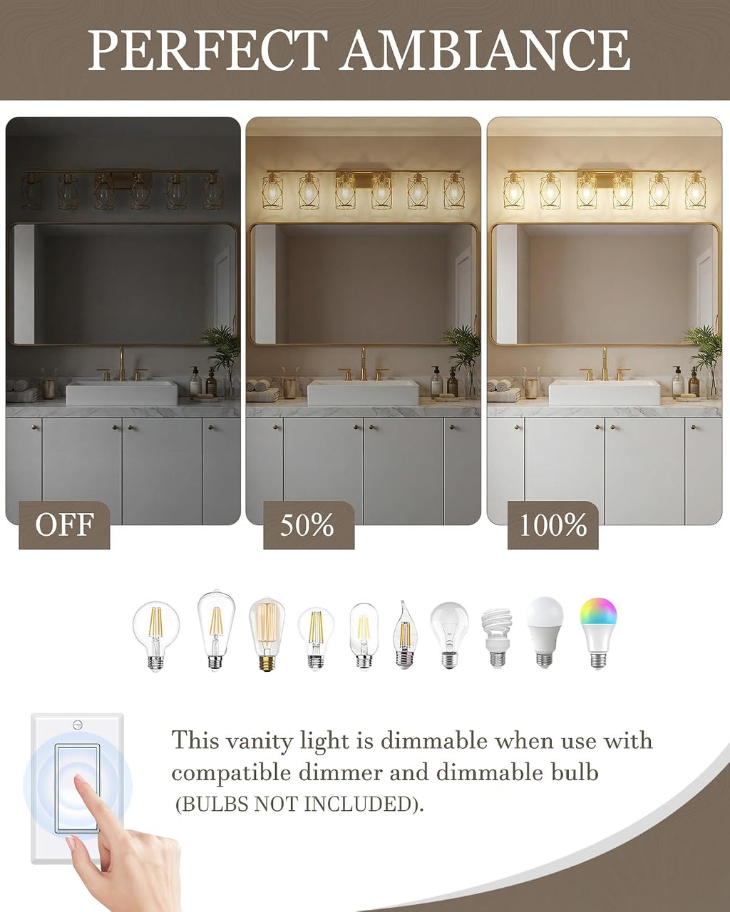 6-Light Brushed Gold Bathroom Light Fixtures Over Mirror, 42' UL-Listed Modern Wall Sconce Lights with Clear Glass and Metal Cage for Bath, Hardwire E26, CH9176BG-6W