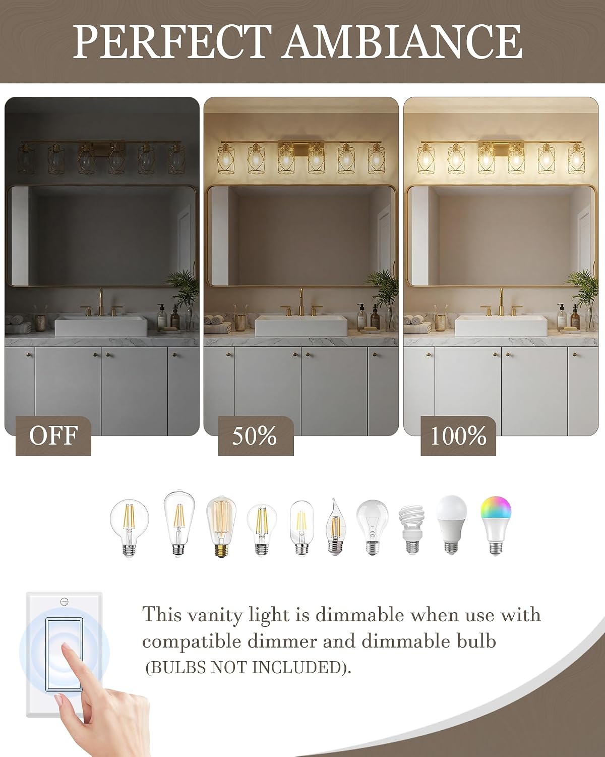 6-Light Brushed Gold Bathroom Light Fixtures Over Mirror, 42' UL-Listed Modern Wall Sconce Lights with Clear Glass and Metal Cage for Bath, Hardwire E26, CH9176BG-6W