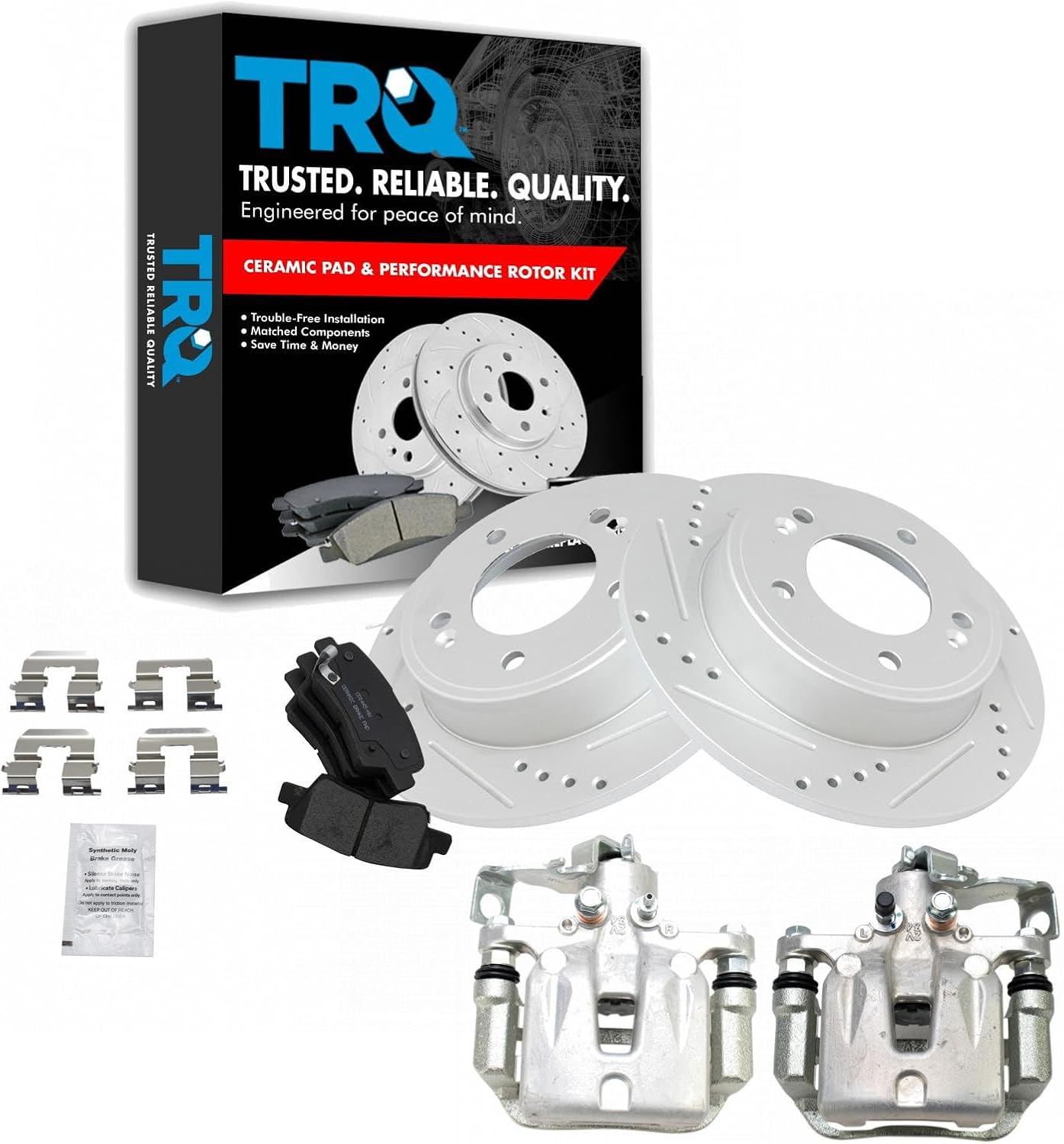 TRQ Rear Ceramic Brake Pad, Performance Rotor & Caliper Kit Compatible with Kia Hyundai