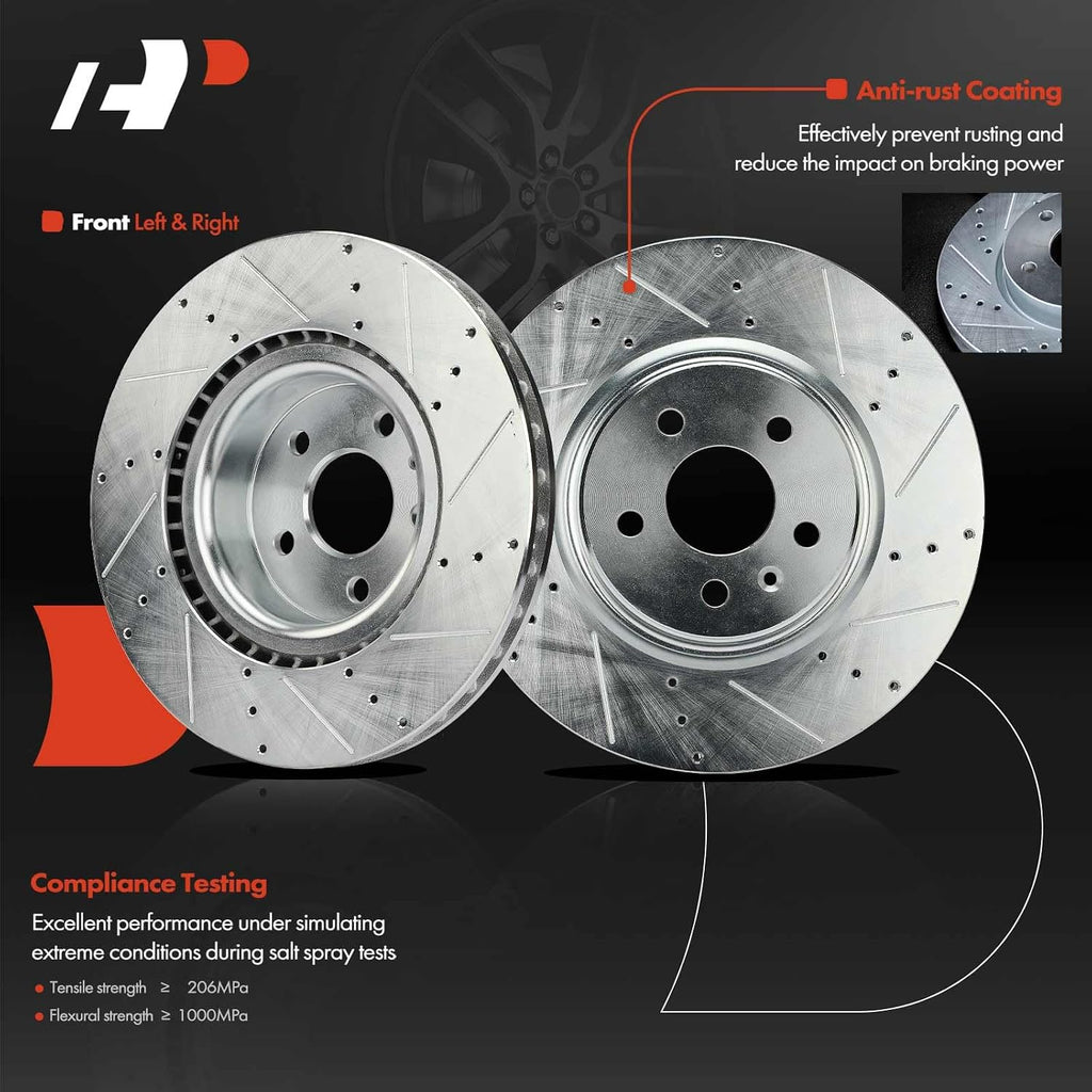 A-Premium Front and Rear Drilled and Slotted Disc Brake Rotors + Ceramic Pads Kit Compatible with Select Tesla Model - Model S 2013 2014 2015 2016, 12-PC Set