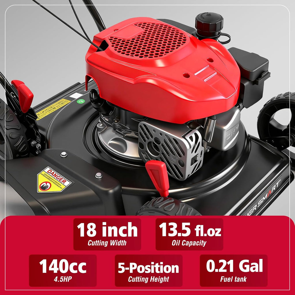 PowerSmart 18-Inch Gas Push Lawn Mower with 144cc OHV Engine, 2-in-1 Mulching Lawn Mower with Side-Discharge, 5-Positions Adjustable Cutting Height