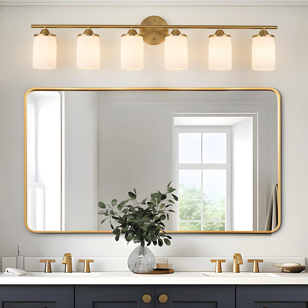 Jonsi Gold Bathroom Light Fixtures 6-Light Vanity Lights Modern Wall Sconce with Milk White Shade Brushed Brass Bathroom Light Fixture Over Mirror for Bedroom Hallway Kitchen