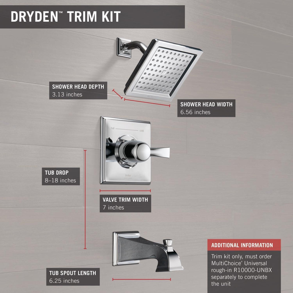 Delta Faucet Dryden 14 Series Single-Function Tub and Shower Trim Kit with Single-Spray Touch-Clean Shower Head, Chrome T14451 (Valve Not Included)