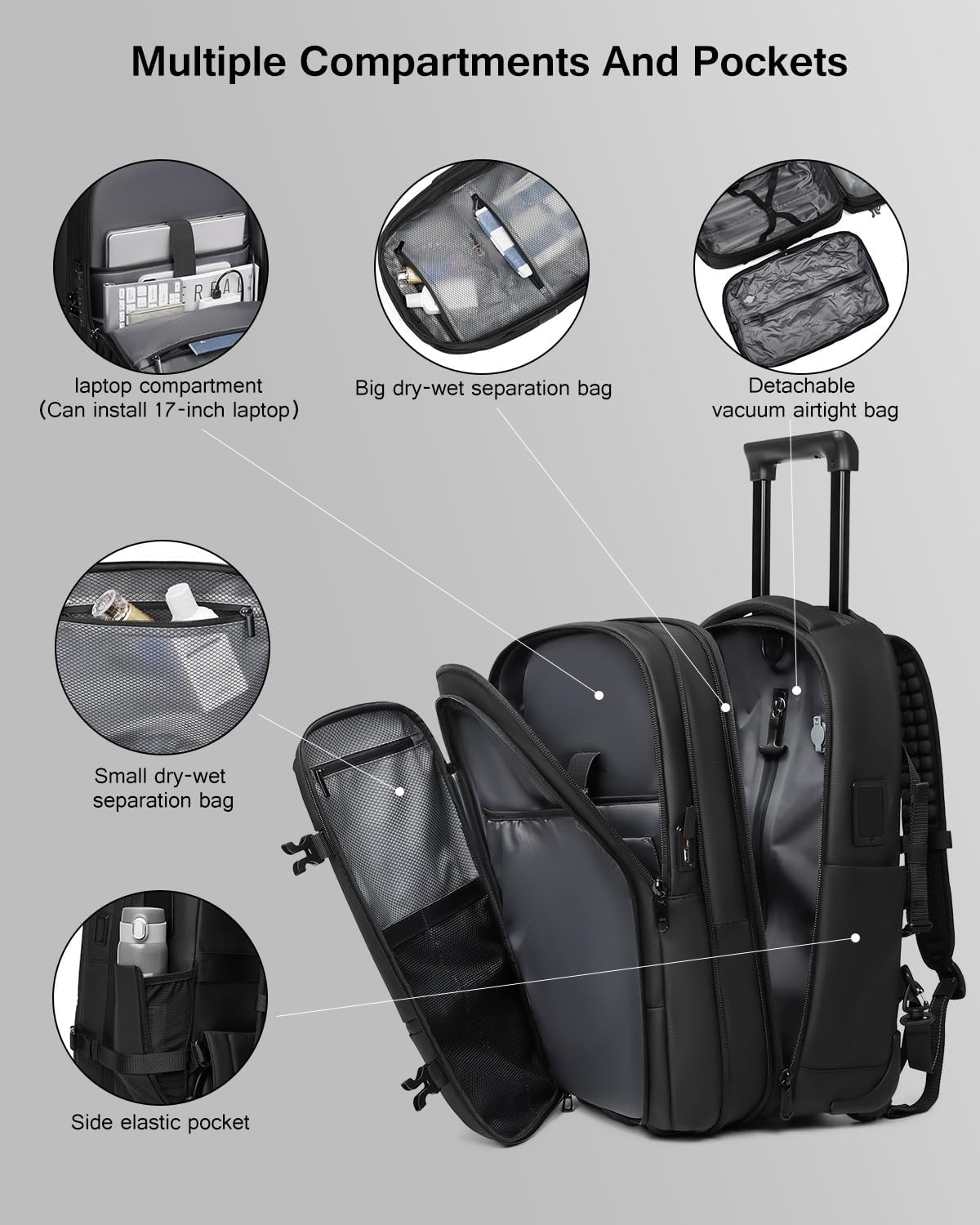 Vacuum Rolling Backpack with Integrated Pump, 60L Vacuum Backpack for Travel with Wheels, TSA Lock and Charging Port, Vacuum Compression Expandable Backpack for 17.3'' Laptop, Business & Long Trips