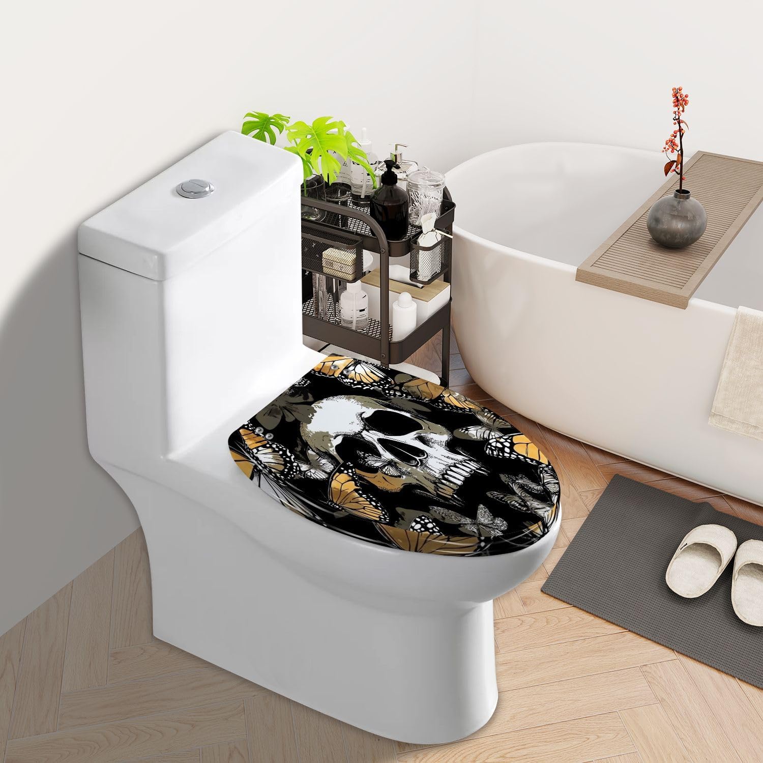 Elongated Toilet Seat Seamless pattern Gold silver Human skulls exotic Butterflies Textile Resin Toilet Seat Slow Quiet Close with Quick-Release Hinges Toilet Seat with Cover Easy to Clean Install