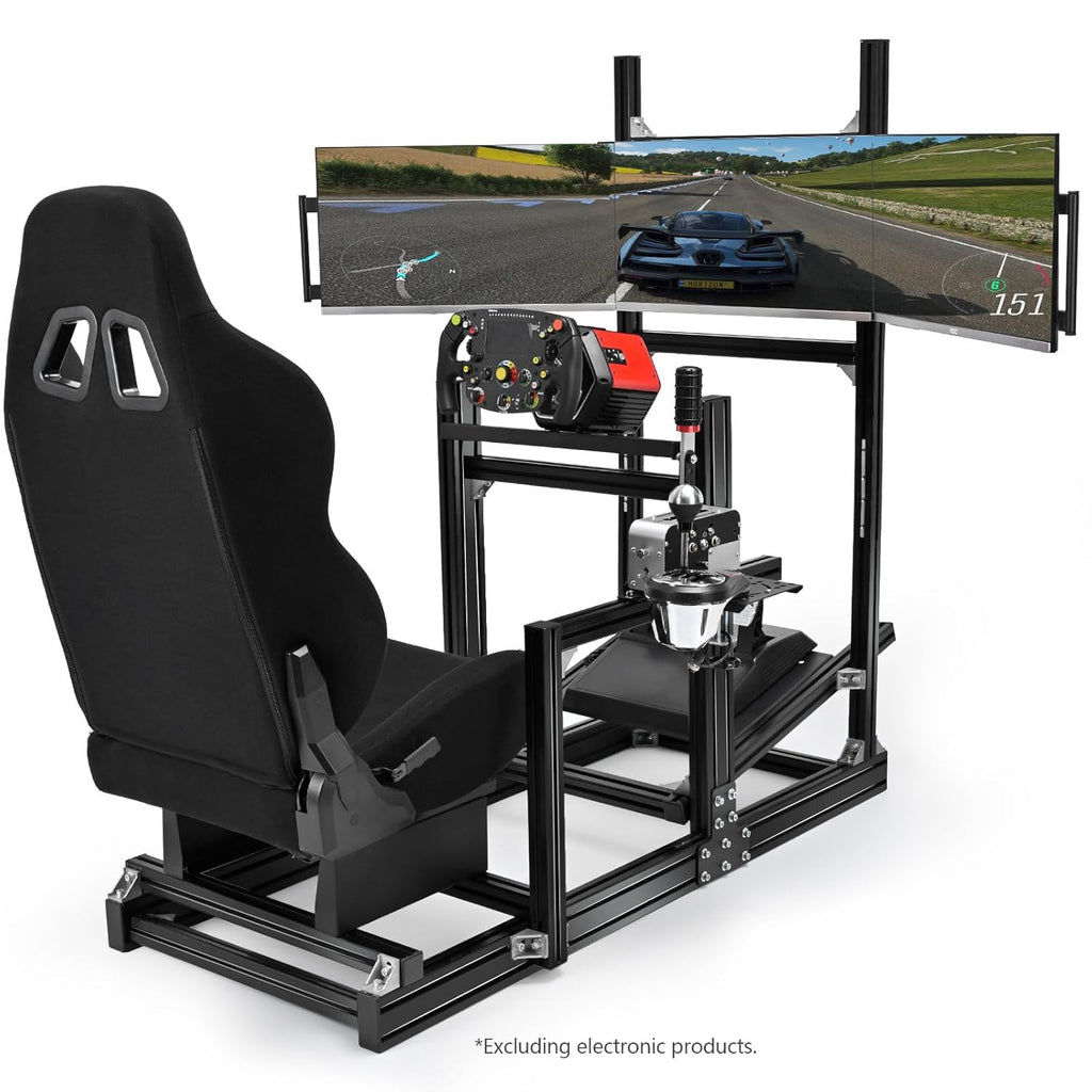 Anman Aluminum Profile Racing Simulator Cockpit with Triple Monitor Mount Black Seat, Fit for Logitech, for Thrustmaster, for Fanatec Direct Drive Steering Wheel,Multi Adjustable Universal cockpit