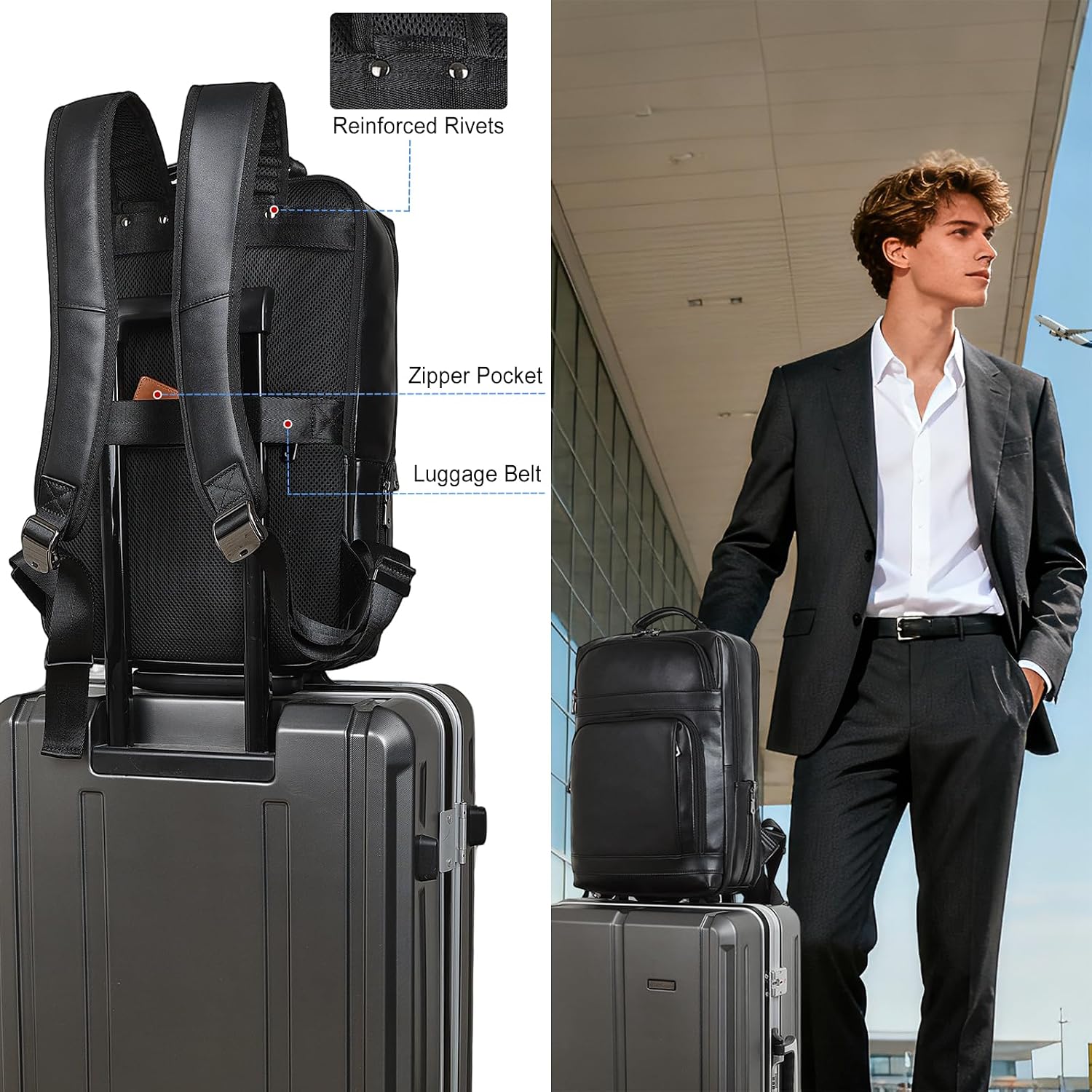 Masa Kawa Black Leather Laptop Backpack for Men Fits 16' 15.6' Computer, Business Travel Work Large Daypack Camping Weekender Bag