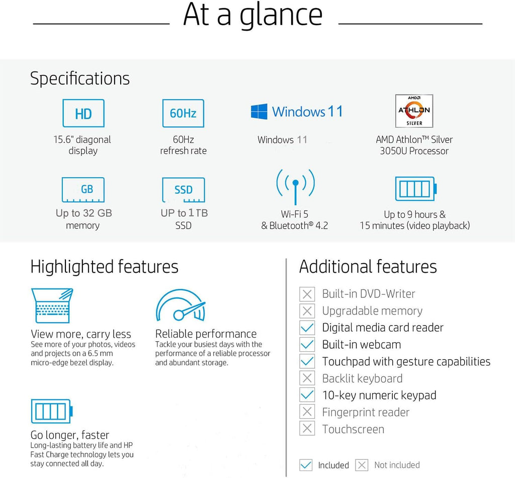 HP 15.6' Everyday Laptop, AMD Efficient Dual-Core Processor, 8GB RAM, 128GB SSD, USB-C, SD Card Reader, HDMI, Wi-Fi & Bluetooth, Long Battery Life, Windows 11 with 1 Year Microsoft 365, Gold