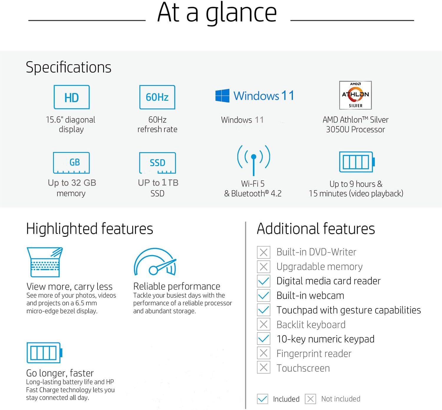 HP 15.6' Everyday Laptop, AMD Efficient Dual-Core Processor, 8GB RAM, 128GB SSD, USB-C, SD Card Reader, HDMI, Wi-Fi & Bluetooth, Long Battery Life, Windows 11 with 1 Year Microsoft 365, Gold