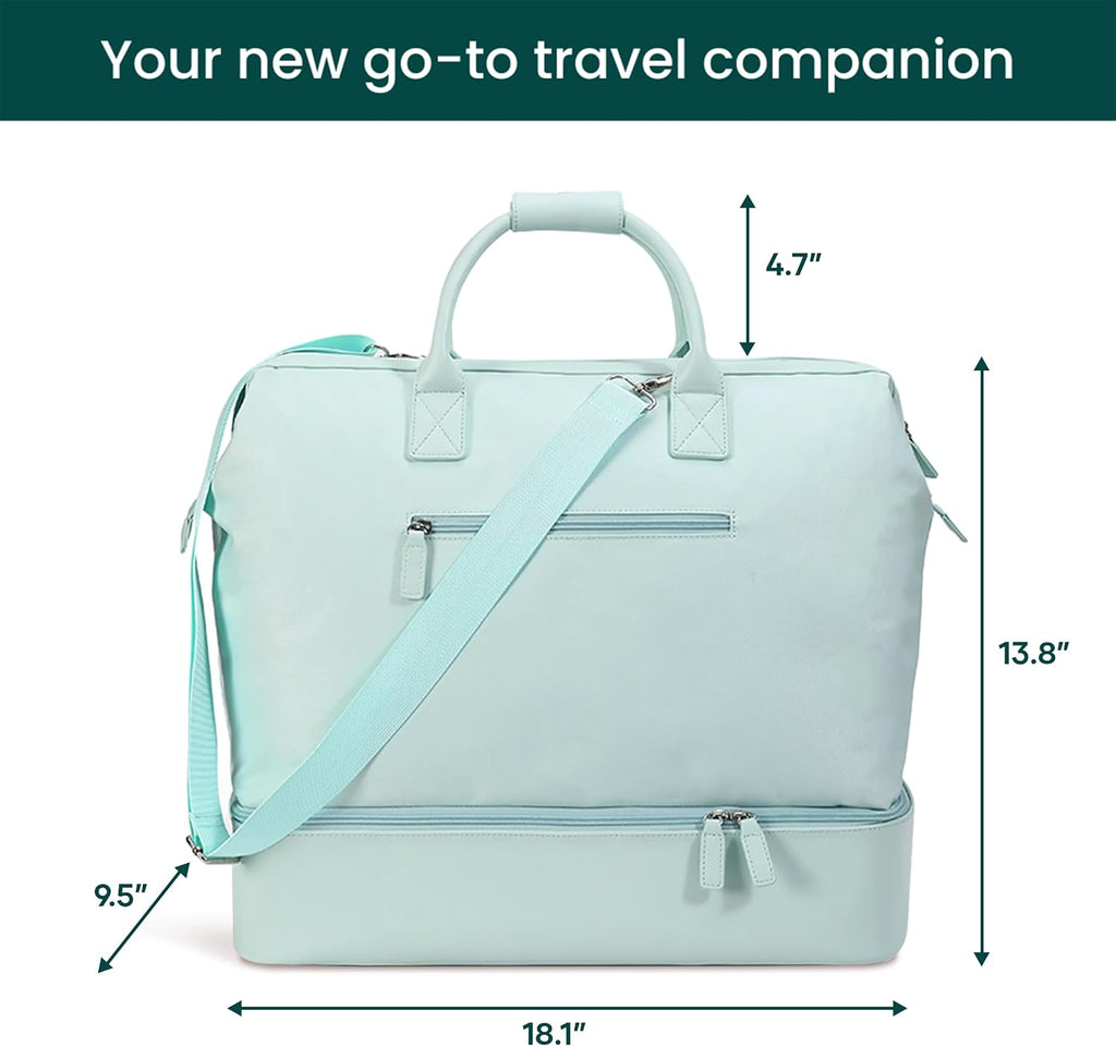 Nobl Travel Weekender Bag for Women & Men, Large Duffel Carry-On Tote with Trolley Sleeve, Separate Shoe Compartment & Laptop Pocket, Leather Overnight Bag for Airplane, Gym, Road Trips - Powder Blue