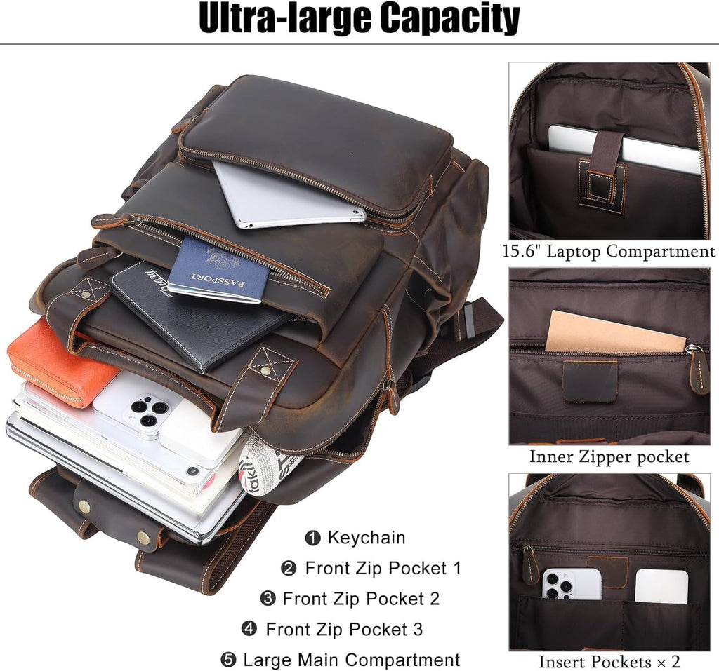 TIDING Vintage Full Grain Leather 17 Inch Laptop Backpack for Men Large Business Travel Daypack Computer Rucksack, Brown