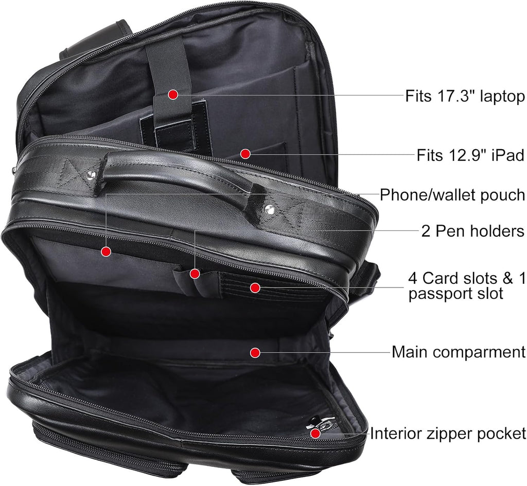 TIDING 17.3' Leather Laptop Backpack for Men Multi Pockets Casual Daypack Business Travel Rucksack, Black