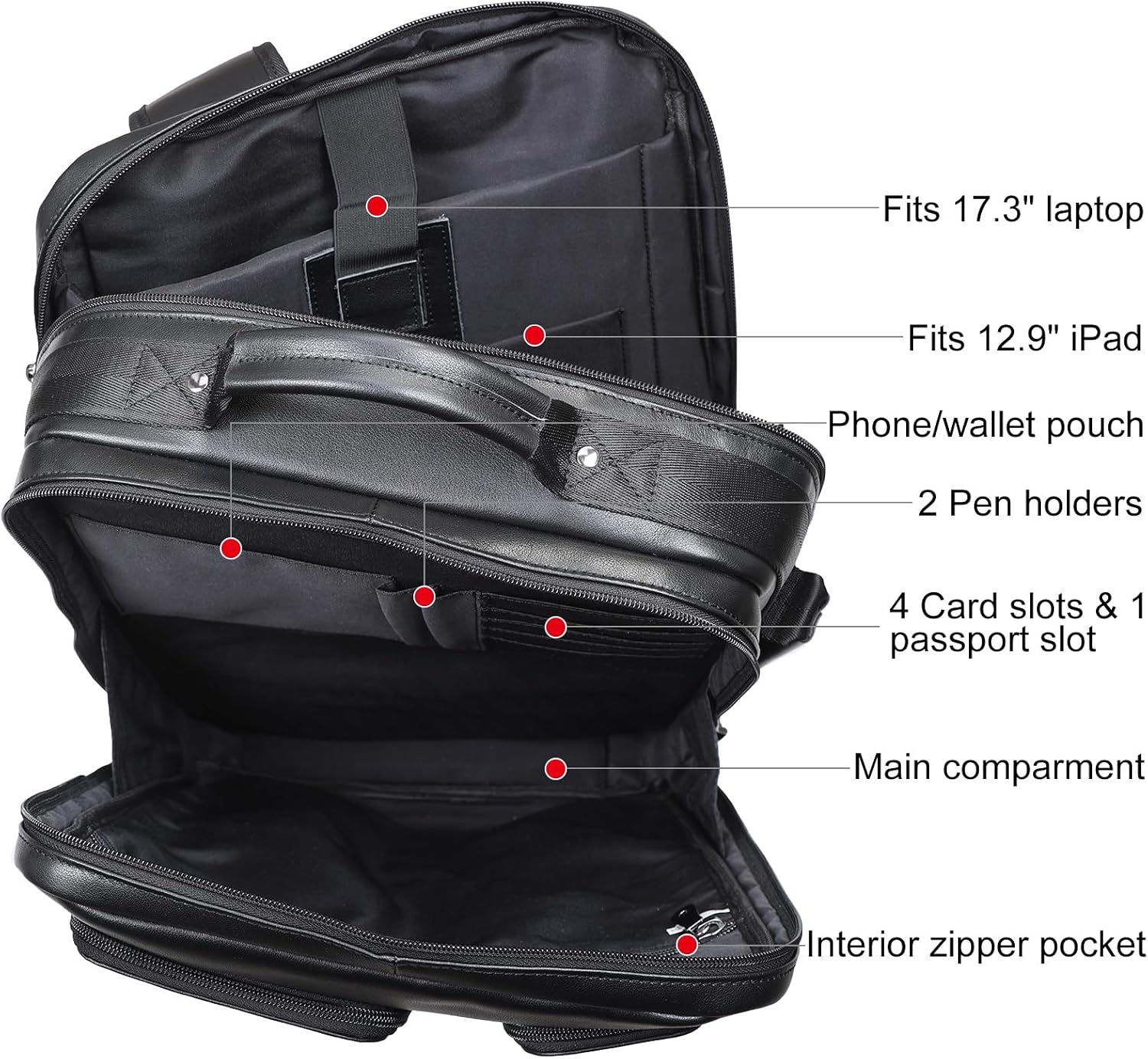 TIDING 17.3' Leather Laptop Backpack for Men Multi Pockets Casual Daypack Business Travel Rucksack, Black