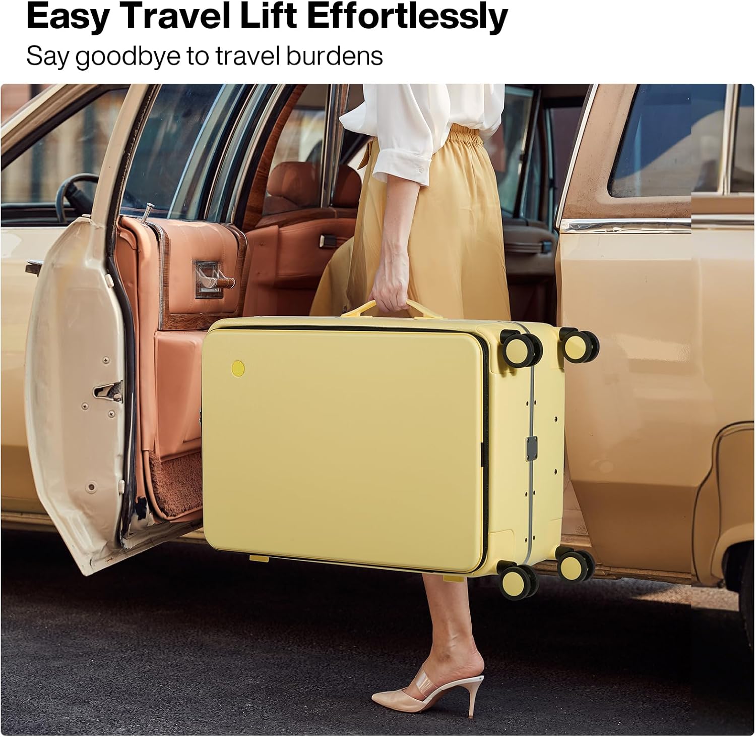 mixi 26 Inch Large Checked Luggage PC Hard Shell Suitcase Top Opening Aluminum Frame Travel Suitcases with Wheels, Lark Yellow