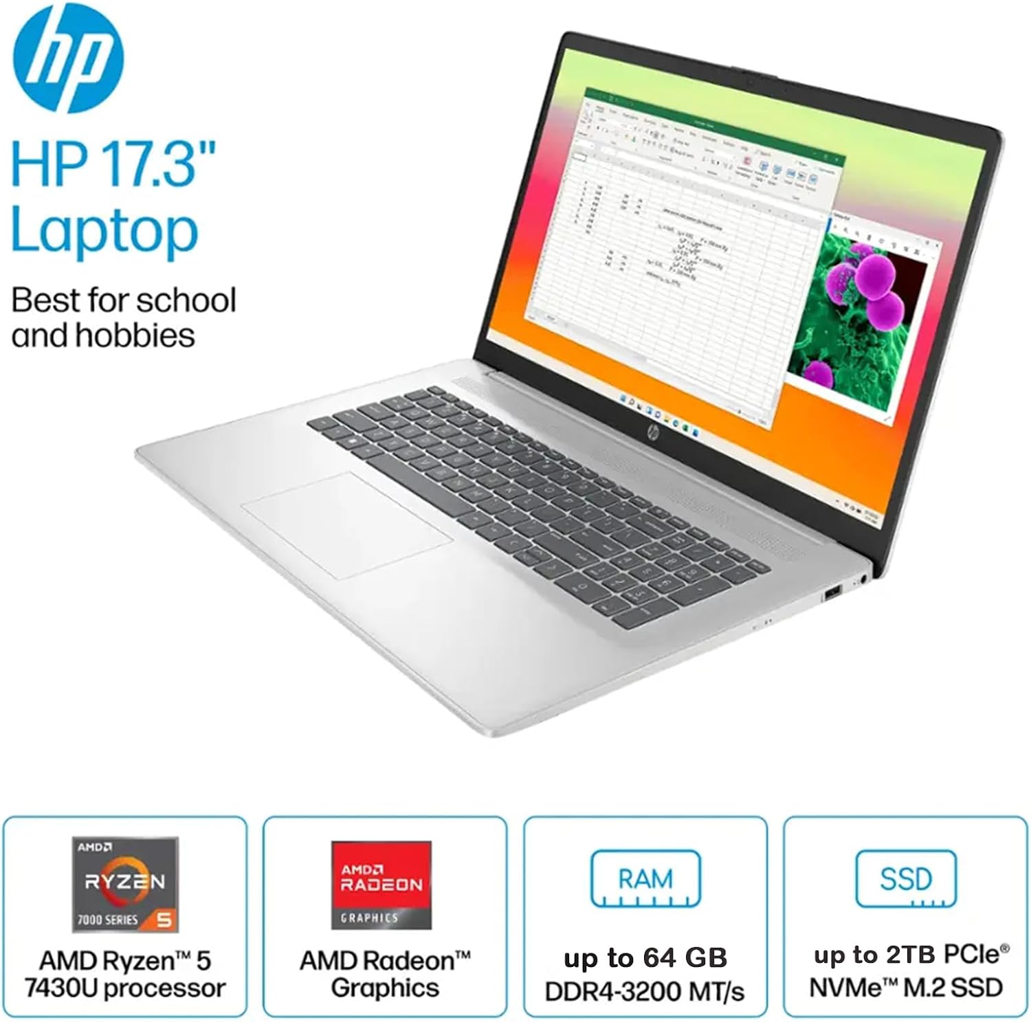 HP 17.3' Business Student Laptop • w/Office Lifetime & External DVD Drive • AMD Ryzen 5 7430U • FHD (1920 x 1080) IPS Display • Wi-Fi 6 • Win 11 Pro • 64 GB RAM • 1TB SSD • Natural Silver