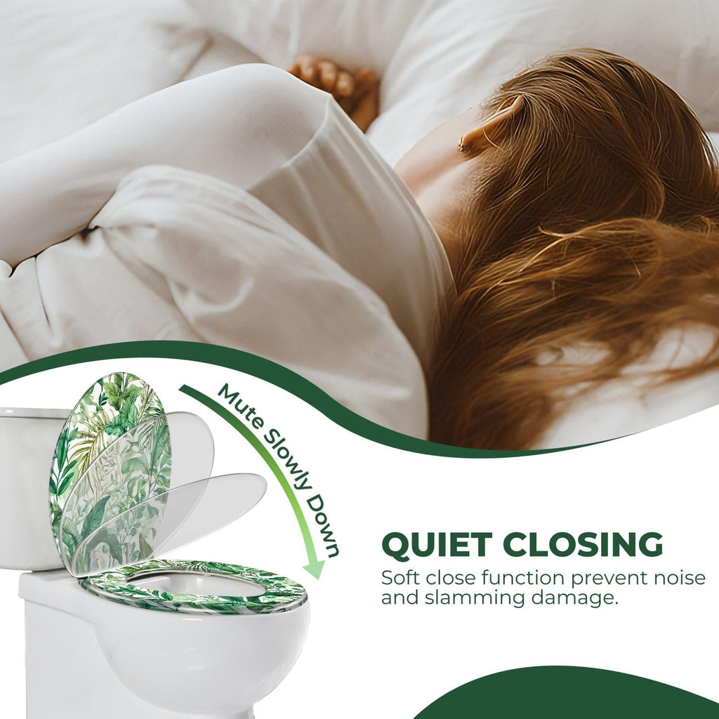 Elongated Toilet Seat Tropical seamless exotic leaves Floral painted watercolor Resin Toilet Seat with Quietly Close Quick Release Hinges Decorative Toilet Seat with Cover Easy to Clean and Install
