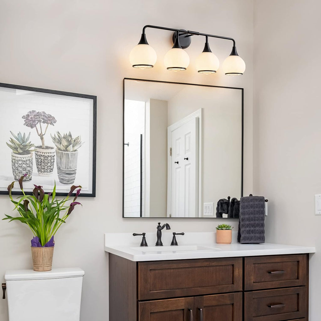 Black Bathroom Light Fixtures 4-Lights Vanity Lights with Milky White Frosted Glass Shade Bathroom Vanity Light 30.7 inch Wall Sconce Lighting Bath(Exclude E26 Bulb)