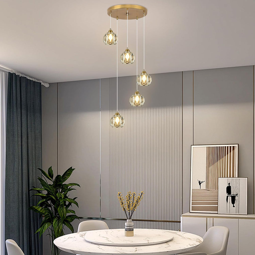 Weesalife Crystal Chandeliers for Dining Room Lights Fixture Over Table, 5-Light Gold Modern Pendant Light Fixture，Crystal Chandeliers for Living Room Kitchen Island Staircases Foyer Hallway Bar