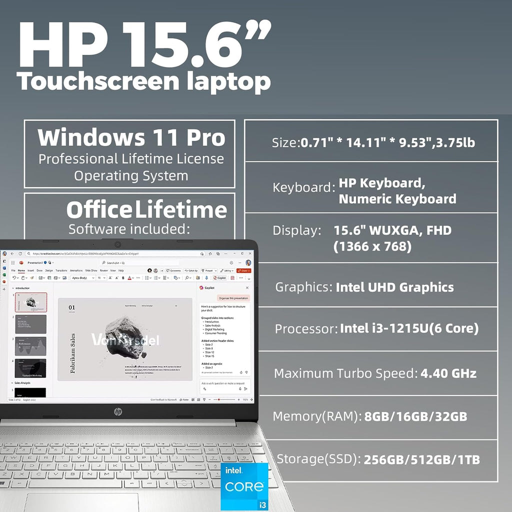 HP Flagship Touchscreen Laptop Computer - Win 11 Pro • Office Lifetime • 15.6' HD Touchscreen • Intel i3 1215U • Wi-Fi 5 • Anti-Glare HD Display w/Laptop Bundle (32G RAM • 1TB SSD)