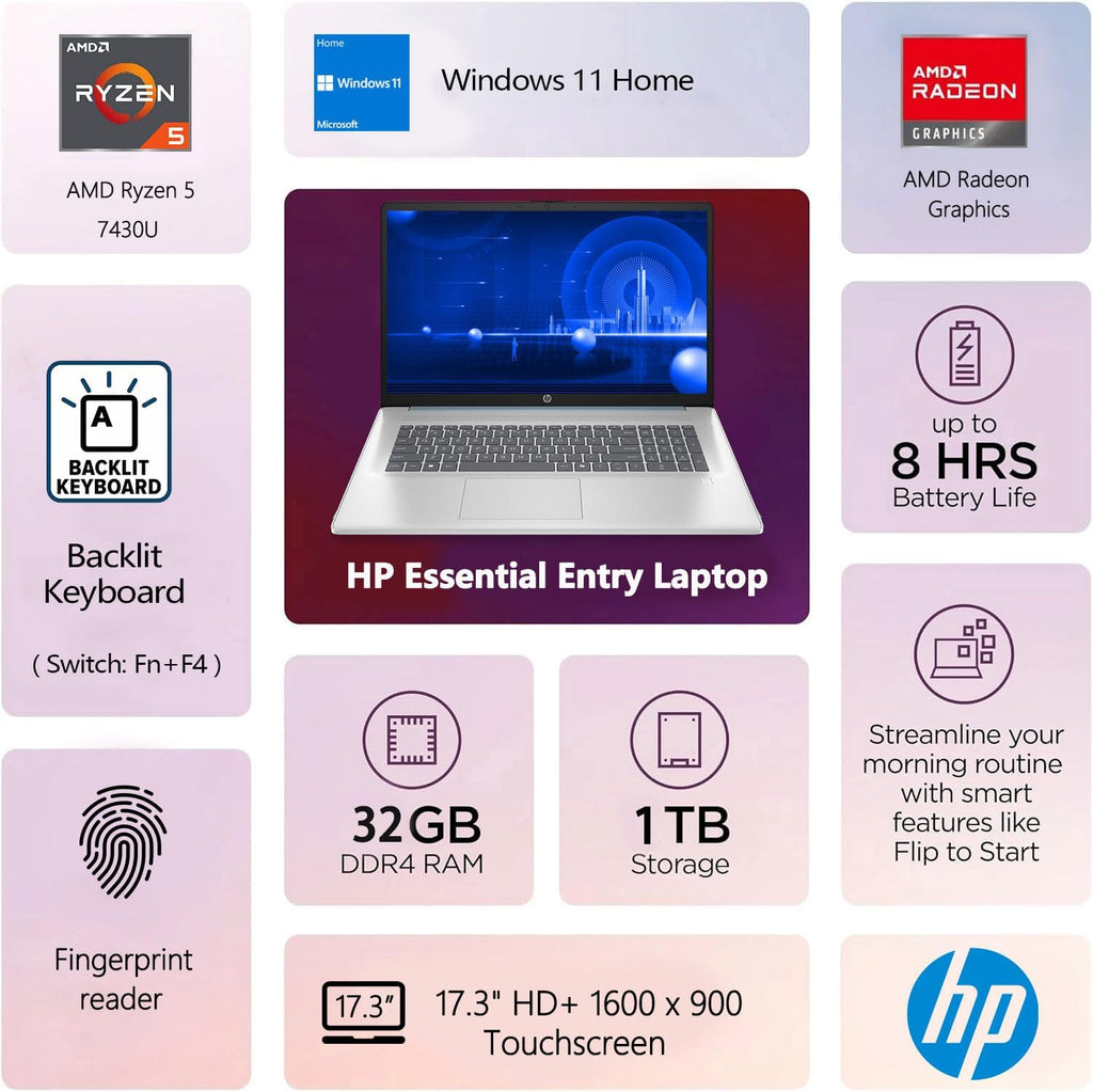 HP Essential 17.3' HD+ Touchscreen Laptop, AMD Ryzen 5 7430U, 32GB RAM, 1TB SSD, Backlit KB, Fingerprint Reader, Webcam, HDMI, Wi-Fi 6, Windows 11 Home, Bundle with Thunderobot ML101 Wireless Mouse