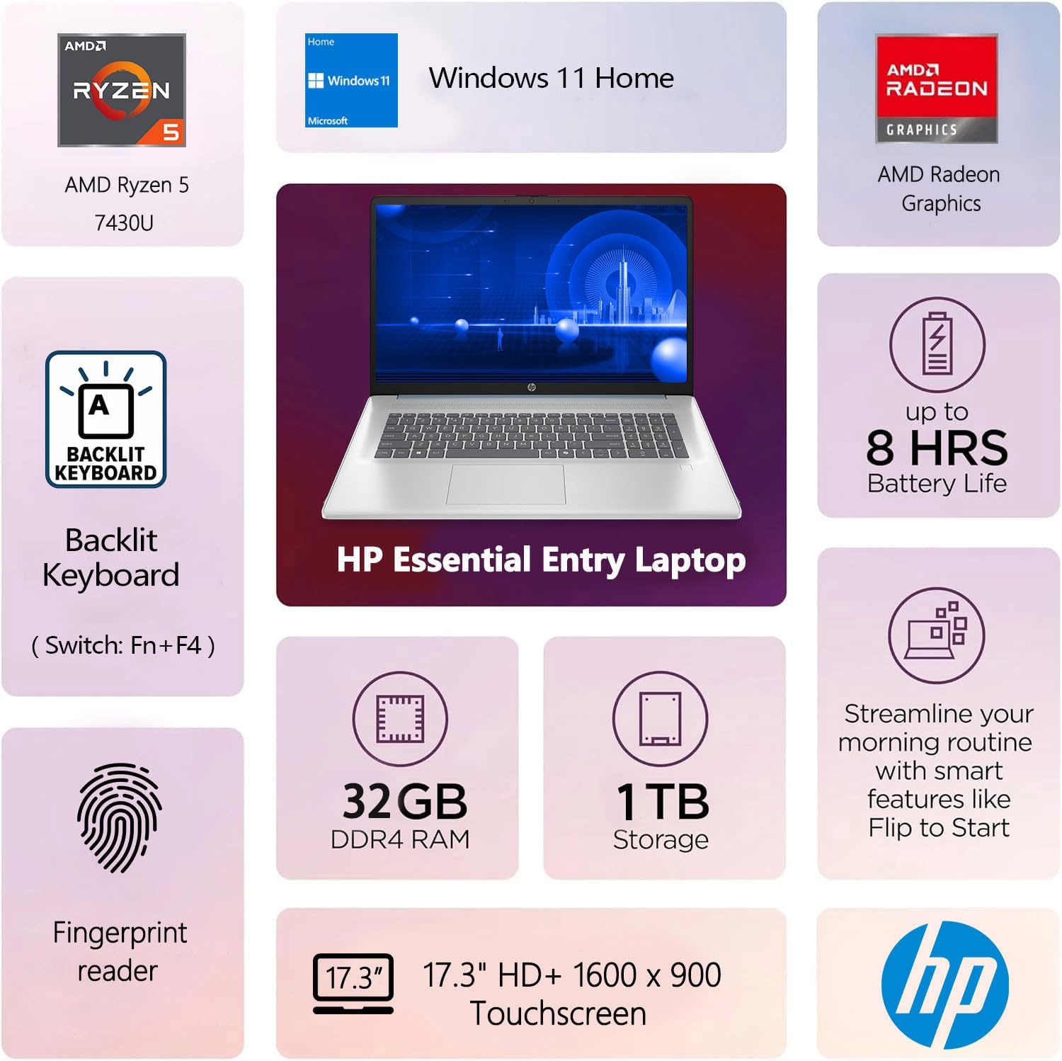 HP Essential 17.3' HD+ Touchscreen Laptop, AMD Ryzen 5 7430U, 32GB RAM, 1TB SSD, Backlit KB, Fingerprint Reader, Webcam, HDMI, Wi-Fi 6, Windows 11 Home, Bundle with Thunderobot ML101 Wireless Mouse