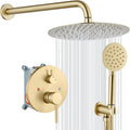 gotonovo Rain Shower System with 10 Inch Round Showerhead and Handheld High Pressure Shower Faucet Set Contain Rough in Valve, Brushed Gold